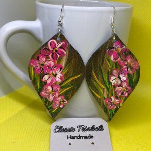 Floral genuine leather hand painted drop earrings